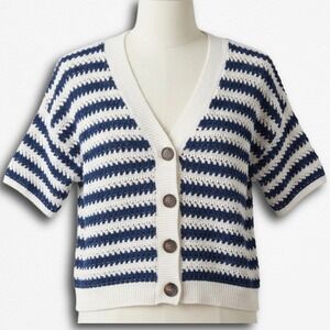 Universal Thread Womens Striped Short Sleeve Cardigan Sweater Blue Cream Large